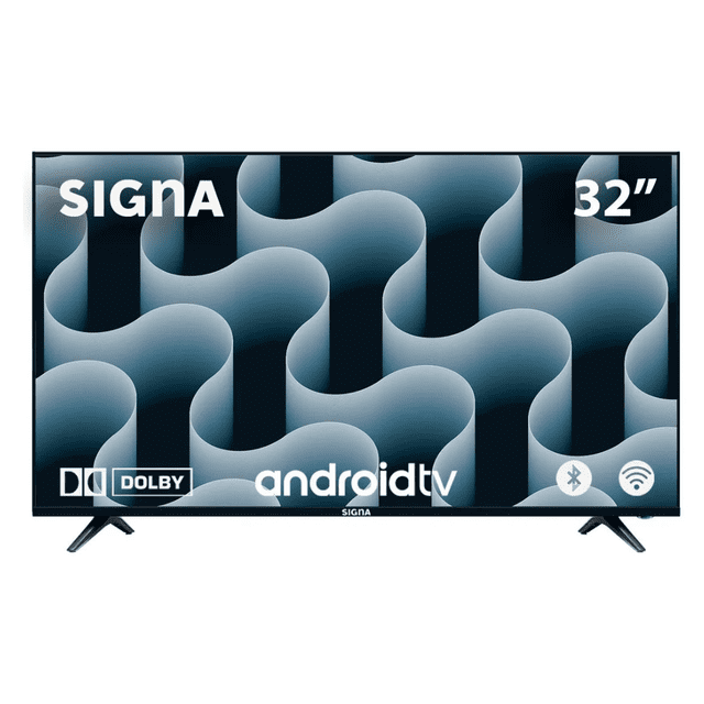 smart tv pantalla 32 pulgadas signa android tv led hd bluetooth dolby audio TV Signa 32" vista frontal con bisel delgado y peanas en V, pantalla LED HD compatible con HDR mostrando patrón abstracto; logotipos Android TV, Dolby Audio y conectividad Bluetooth/Wi‑Fi visibles en el borde inferior; color negro, ideal para recámaras u oficinas y frecuentemente usado como estación de videojuegos compacta.