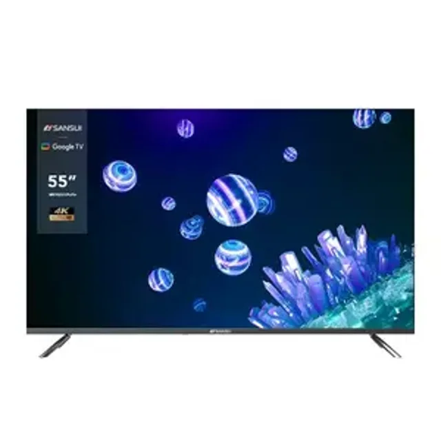 pantalla sansui 50 pulgadas 4k smart google tv LED negra, vista frontal centrada con imagen de burbujas y cristales en pantalla, bisel delgado y patas en V visibles, logotipo Sansui y etiqueta Google TV en la esquina; suele usarse también para reproducir fotos y videos desde USB y streaming.