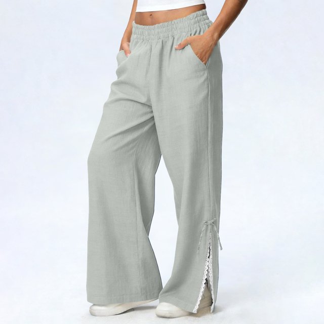 TaTaai olid Color Cotton Linen Women Casual Pants Wide Leg Breathable Machine Washable No Fading Lightweight Non See-through Daily Wear Full Length Trousers Gift