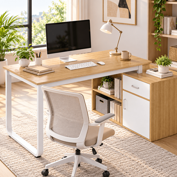 Zocalo Escritorio de Oficina para Computadora, Esquinero Reversible con Gabinete, 120 x 50 x 73.5 cm, Blanco