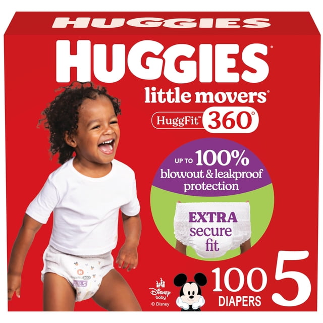 pañales huggies little movers huggfit 360° talla 5 (12-17 kg), caja roja frontal con logotipo Huggies, bebé de pie con pañal puesto, emblema que indica protección 360° y hasta 100% contra fugas, ilustración del pañal con ajuste extra seguro y rótulo de 100 pañales.