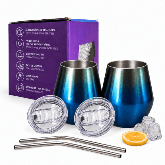 Set de 2 Vasos Térmicos Whiskero 14 oz Azul Degradado de Acero Inoxidable con Tapa y Popote