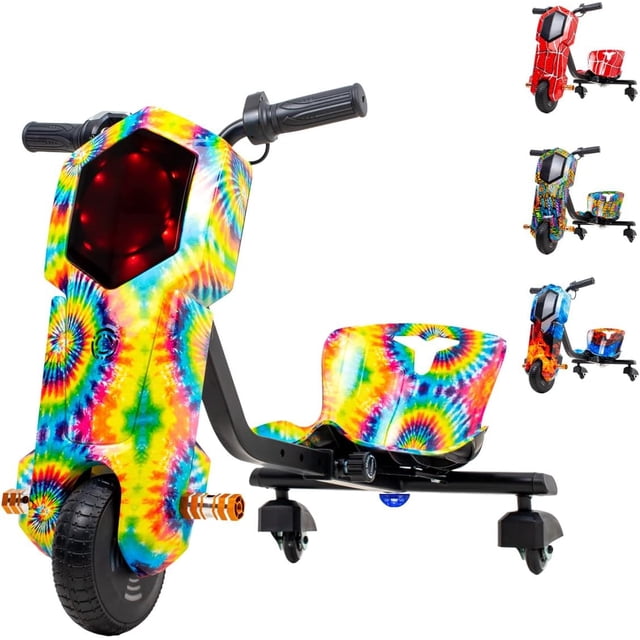 scooter infantil con 3 ruedas luces led patin del diablo para niños resistente 3 a 10 años scooters resistente con altura ajustable monopatin para niños Triciclo eléctrico con carrocería espiral arcoiris, vista 3/4 frontal; asiento estampado tie-dye, manubrio con empuñaduras negras y panel frontal con luces LED encendidas, rueda delantera ancha para drift, marco con ajuste en 4 niveles y indicador de batería; incluye casco, bocina y puerto de carga según especificaciones; apto para juegos al aire libre y uso recreativo.