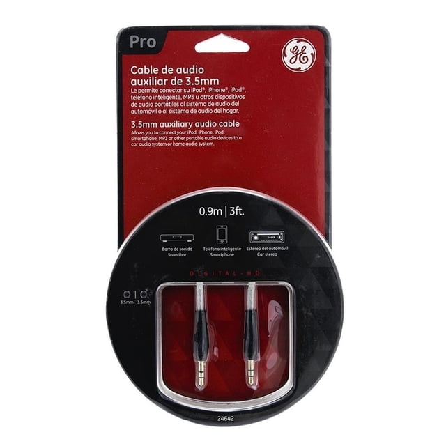 cable de audio general electric pro 24642 0.9 m negro — Empaque frontal que muestra cable auxiliar de 3.5 mm de 0.9 m (3 ft) con doble conector derecho y carcasa negra visible a través de ventana plástica sobre fondo rojo; compatible con teléfonos y sistemas de audio.