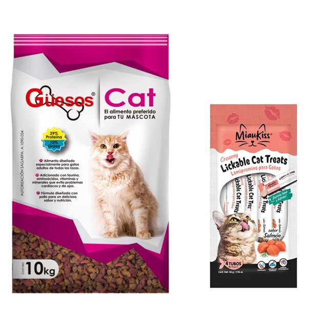 güesos gatos 10 kg + miaukiss lickable salmon 4 pack 56gr Paquete combinado con bolsa de croquetas Güesos 10 kg y pack de 4 tubos Miaukiss sabor salmón, vista frontal centrada; bolsa blanca y rosa con logo Güesos y foto de gato adulto sobre croquetas visibles en la base, texto que indica nutrición balanceada, salud cardiovascular y pelaje saludable según especificaciones, y empaque Miaukiss rosado con tubos individuales visibles como snack lickable para gatos adultos.