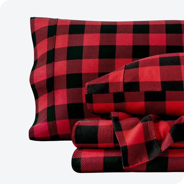 Juego de Sábanas de Lujo Bare Home 100 % Algodón Bolsillo Profundo 4 Piezas Cuadros Escoceses Rojo y Negro