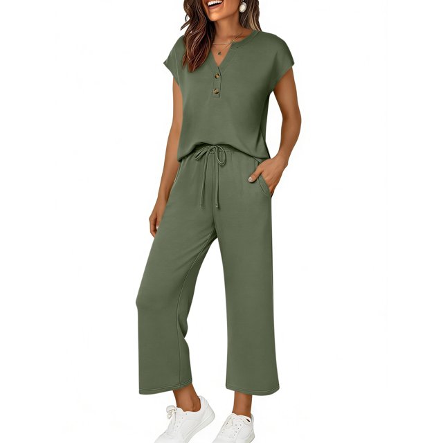 TaTaai Women Spring Summer Comfortable Solid Sports Set V-Neck Short Sleeve Top Long Pants with Pockets Ladies Daily Office Street Wear Non-See-Through Machine Washable Stylish Set Gift