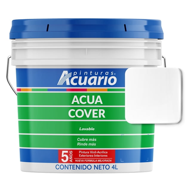 pintura vinil acrílica exteriores interiores nueva formula mejorada pinturas acuario acua cover 5 años 4 litros blanco mate bote frontal con etiqueta azul y verde que indica Lavable, Cubre más y Rinde más, marca Pinturas Acuario, muestra de color blanco mate y tapa azul. Vista centrada del envase.