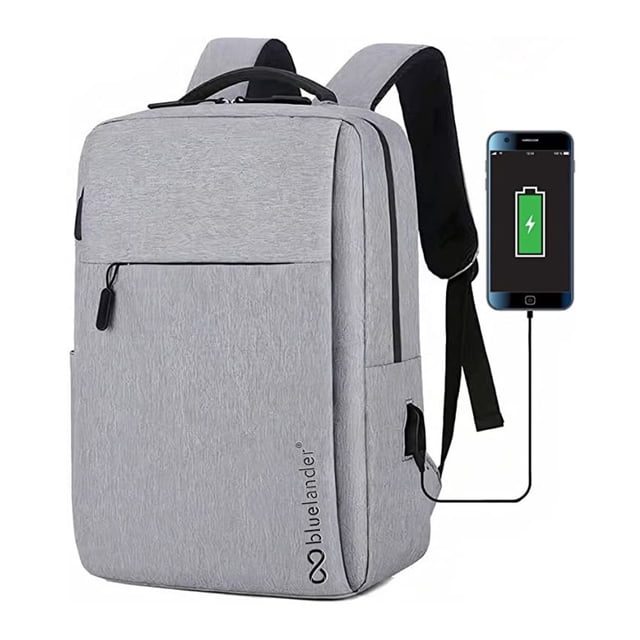 mochila antirrobo impermeable color gris bluelander oliv-2027, vista frontal 3/4 con cuerpo rectangular y cierres ocultos; puerto USB lateral visible, tirantes y respaldo acolchado de malla, asa superior resistente y logo Bluelander. Dimensiones 41 x 29 x 12 cm. También suele usarse para transportar equipo fotográfico compacto en viajes.