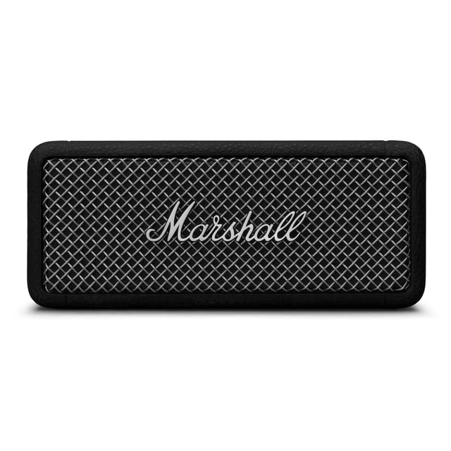 altavoz bluetooth portátil marshall emberton ii negro/acero vista frontal centrada del altavoz rectangular compacto con rejilla metálica cruzada color acero y logo Marshall en script blanco al centro, carcasa negra texturizada y bordes redondeados sobre fondo blanco; sonido 360° True Stereophonic, más de 30 horas de reproducción, clasificación IP67, app compatible y StackMode para sesiones multialtavoz; también suele usarse para música en exteriores o reuniones pequeñas.