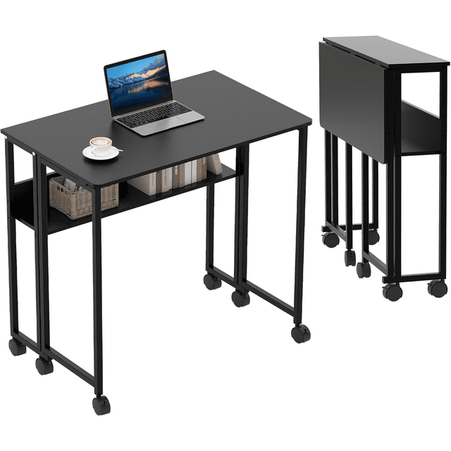 Escritorio Plegable con Ruedas y Repisa de Almacenamiento, Escritorio Pequeño de Computadora de 24.8" para Oficina en Casa, Mesa Rodante Plegable para Laptop para Espacios Pequeños, Fácil de