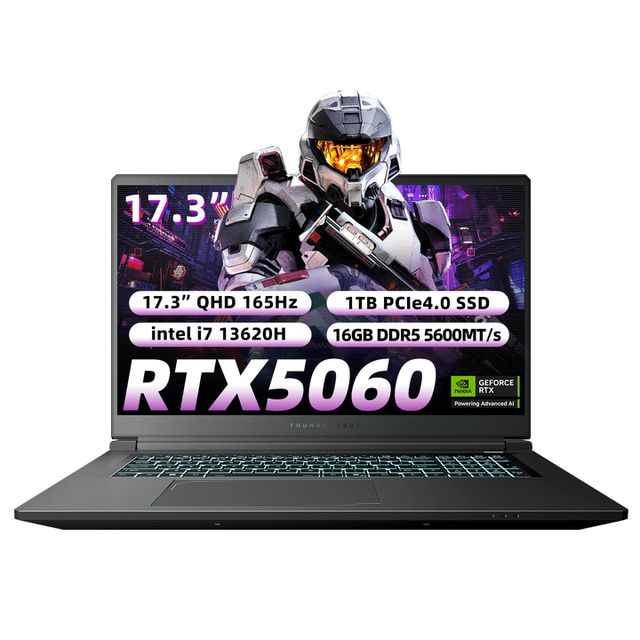 laptop gamer thunderobot 911x17 intel core i7 13620hx rtx 5060 17.3'' qhd 165hz 16gb ram 1tb ssd negro vista frontal del portátil negro abierto con pantalla 17.3" QHD (2560×1440) mostrando arte de juego, teclado en inglés con caracteres en español y retroiluminación RGB, trackpad grande, biseles delgados, chasis angular y logo ThundeRobot en el borde inferior; también es adecuada para edición y multimedia gracias a su pantalla 165 Hz y GPU RTX 5060.