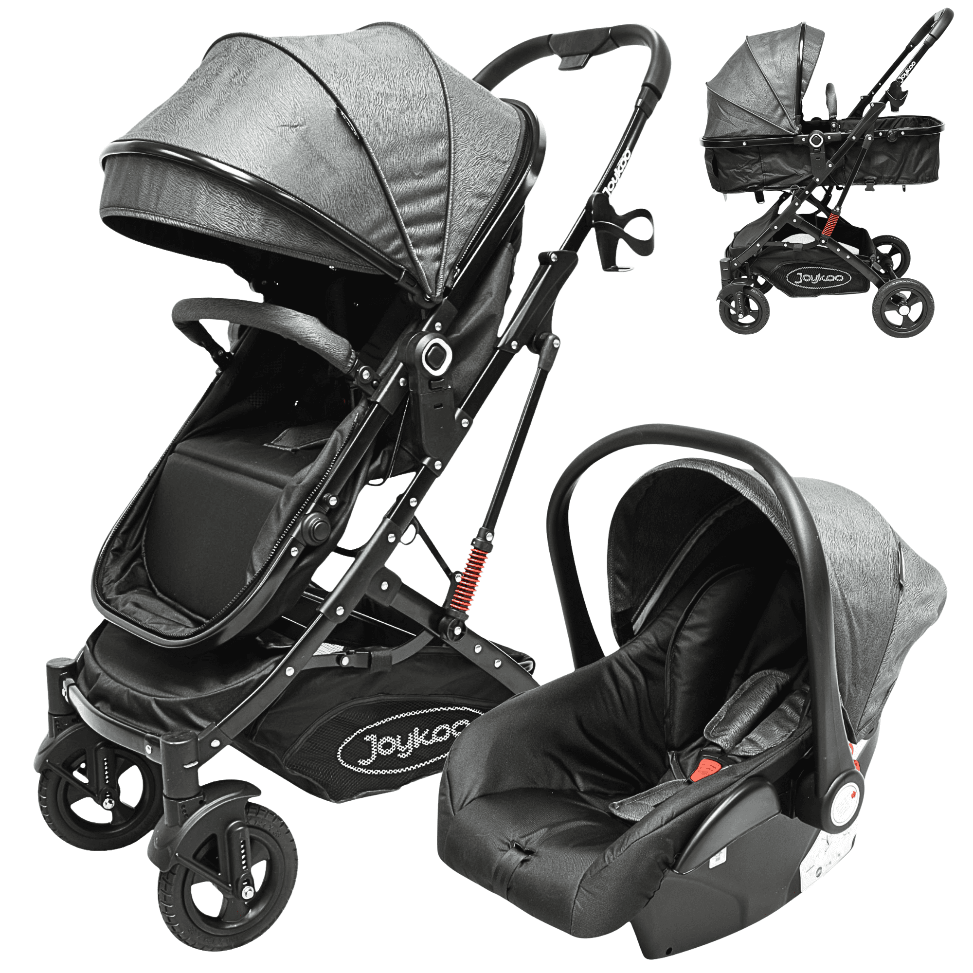 Carriola para Bebé con Portabebé Travel System Reversible Convertible a Bambineto Ruedas de Goma con Freno Plegable Cinturón de 5 Puntos - Gris