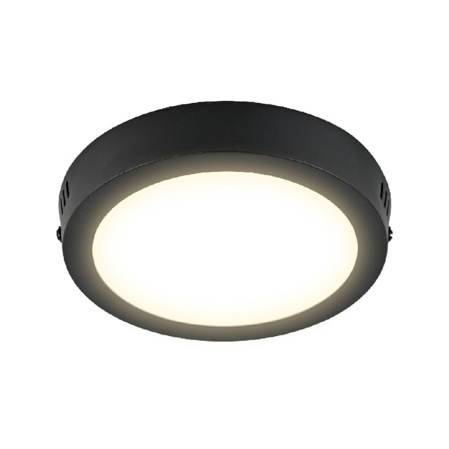 lámpara plafón led de sobreponer, 12 w, luz suave cálida, interiores, no atenuable, led integrado — Plafón circular negro de perfil bajo, vista frontal; difusor de policarbonato emite luz suave cálida 3000K, marco negro con ranuras laterales, ángulo de apertura ~100°, montaje sobre techo para pasillos, cocina o dormitorio; accesorios de conexión incluidos. Su compacto diseño la hace adecuada también para iluminar entradas y espacios con techos bajos.