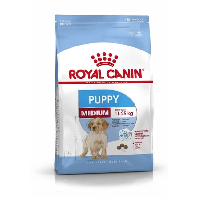 alimento croqueta perro royal canin medium pupp 13.6kg493831 royal canin alimento croquetas para perro Bolsa frontal centrada Royal Canin Puppy Medium 13.6kg con logotipo rojo en la parte superior, etiqueta azul "PUPPY" y banda roja "MEDIUM", ilustración de cachorro y gráfico de croqueta sobre fondo blanco; bolsa también es adecuada para almacenar alimento seco durante viajes cortos.