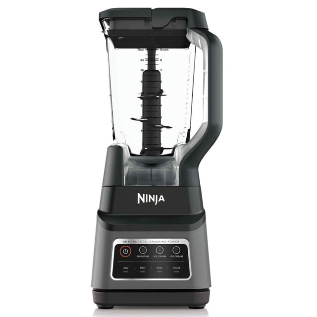 licuadora ninja 1200 w 4 velocidades ninja bn701 Licuadora negra con jarra transparente y cuchillas verticales, base compacta con logo Ninja y panel iQ con 3 programas preestablecidos (smoothie, moler hielo, helado), 4 velocidades + pulso y tapa de cierre fácil.
