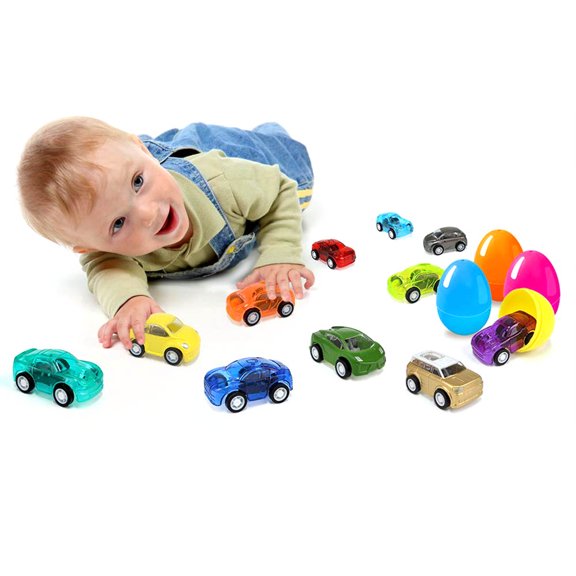 Huevos de Pascua rellenos de 20 piezas con coches de juguete, huevos de Pascua coloridos y brillantes, precargados con varios vehículos extraíbles