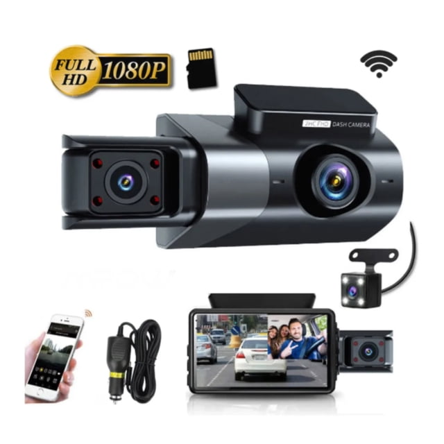 cámara automóvil wifi de 3 canales hd 1080p dash cam carro mpow Vista centrada de la dash cam triple con lente frontal gran angular 170°, módulo interior lateral y mini cámara trasera con cable; carcasa negra/gris y pantalla integrada, cable de alimentación y SD 32GB incluida. Especificaciones visibles: Wi‑Fi, visión nocturna con LEDs IR, sensor G, grabación en bucle, control por app y modo de estacionamiento (requiere kit de conexión no incluido); adecuada para taxis y conductores de rideshare.