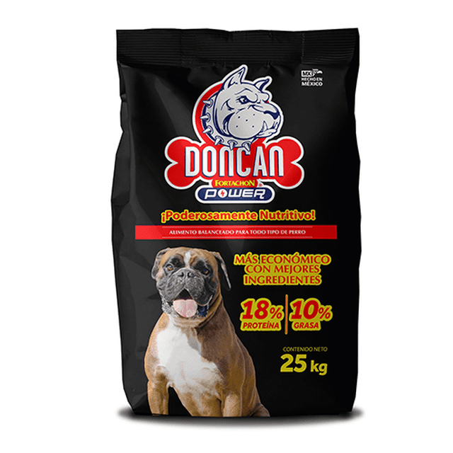 alimento seco para perro adulto don can fortachón 25 kg Bolsa frontal negra con el logotipo Don Can Fortachón y emblema de bulldog; fotografía de perro adulto sentado en la parte inferior. Texto en el embalaje indica 18% proteína, 10% grasa, contenido neto 25 kg y el lema "¡Poderosamente Nutritivo!"; menciona ingredientes de calidad y aporte de nutrientes para el metabolismo. A menudo usado como opción para alimentar perros adultos en hogares y refugios.