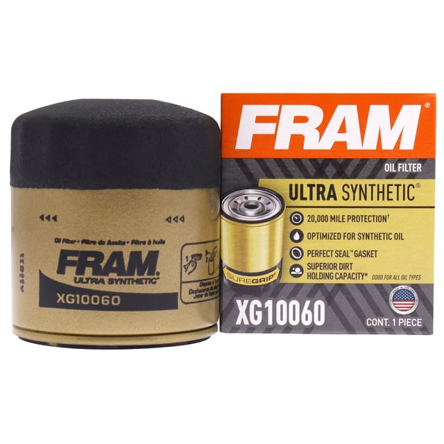 filtro de aceite fram ultra synthetic xg10060 para aceite sintético vista frontal centrada del filtro negro junto a su caja naranja y negra; cuerpo cilíndrico dorado con logotipo FRAM y código XG10060, tapa superior texturizada Suregrip visible, caja muestra "Ultra Synthetic" y texto de protección hasta 20,000 millas. Adecuado para proyectos de bricolaje de mantenimiento de motor.