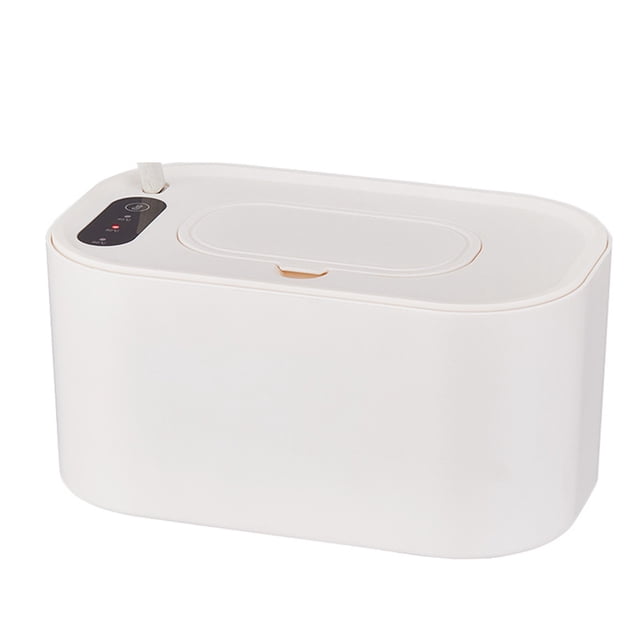 calentador portátil de toallas húmedas, sistema de calentamiento a temperatura constante, dispensador fácil de usar Xihbxyly blanco; vista frontal 3/4 de caja rectangular redondeada con tapa abatible y panel táctil negro con LED, ranura superior con toallita sobresaliendo; mantiene las toallitas húmedas, ideal para baño de bebé y uso nocturno; sin BPA; adecuado para tener junto a la mesita de noche.