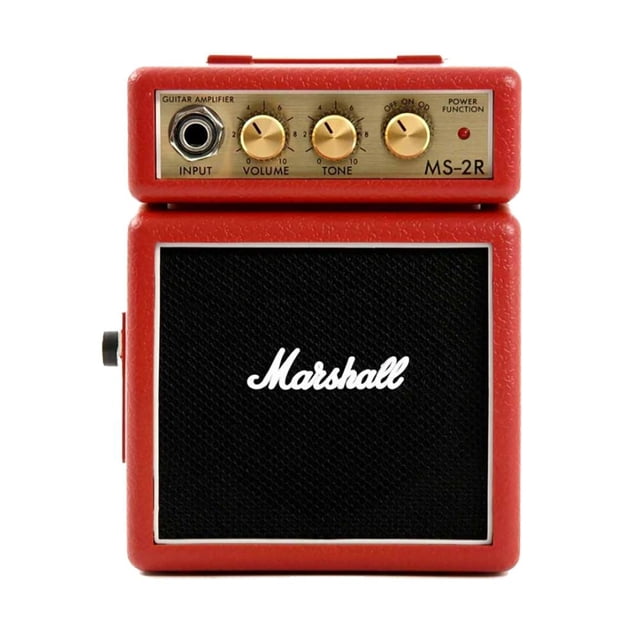 micro amplificador para guitarra eléctrica marshall ms-2r, vista frontal centrada de mini amplificador rojo con panel superior dorado que muestra entrada, perillas de volumen, tono y overdrive, indicador LED y salida para auriculares; rejilla frontal negra con logo Marshall. Funciona con batería 9V o fuente de alimentación; adecuado para prácticas y ensayos y a menudo usado como amplificador de práctica portátil para viajes.