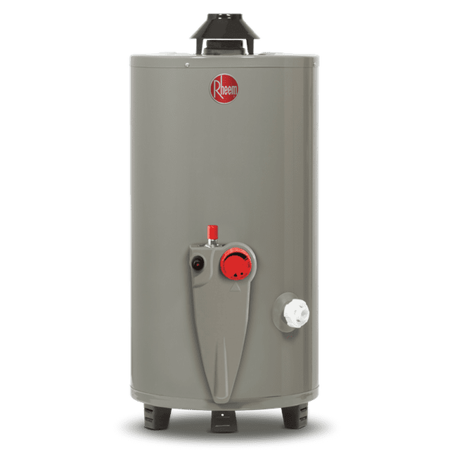 calentador de agua de depósito rheem 49 litros a gas lp 1.5 servicios gris, vista frontal centrada de tanque cilíndrico gris con logotipo Rheem en la parte superior, salida de ventilación superior, controles frontales con perilla roja y área de servicio, válvula blanca lateral y patas de soporte; tanque de almacenamiento indicado para instalación doméstica y a menudo utilizado para alimentar un baño pequeño o lavabo durante eventos de promoción.