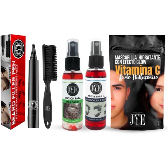Nuevo JYE Lapiz Bolígrafo para rellenar huecos de barba y Bigote, Impermeable, Cubre canas. Incluye tratamiento natural para crecimiento de barba y aceite para barba JYE + Mascarilla Hidratante UNISEX