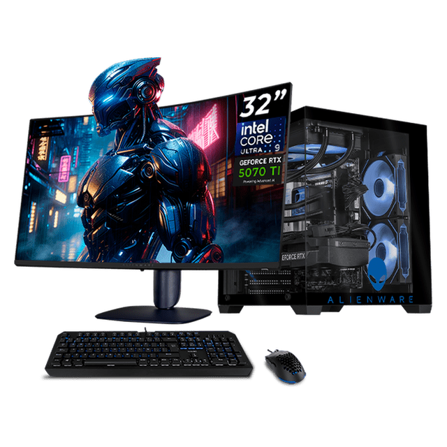 pc gamer ia advanced xtreme pc gaming alienware nvidia geforce rtx 5070 ti intel core ultra 9 285 32gb ddr5 ssd 1tb monitor curvo 32 180hz sistema liquido wifi alto desempeño creativo con ia integrada Vista 3/4 frontal de torre negra con panel lateral transparente que muestra el sistema de enfriamiento líquido y ventiladores ARGB, monitor curvo 32" QHD 180Hz activo, teclado y mouse RGB; a menudo usado también como estación de edición y streaming.