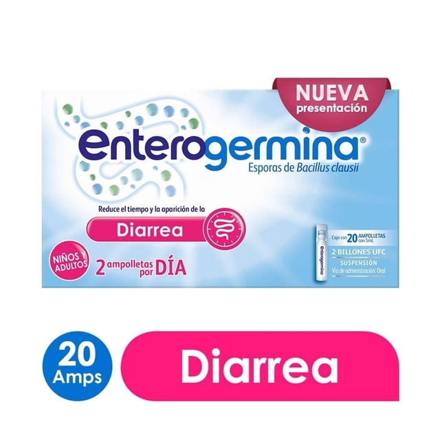 probióticos enterogermina suspensión de bacillus clausii con 2 billones de ufc 20 ampolletas de 5 ml caja frontal con logotipo Enterogermina, fondo blanco y azul, texto rosado que indica "Diarrea", sello "Nueva presentación" y detalle de 20 ampolletas de 5 ml.