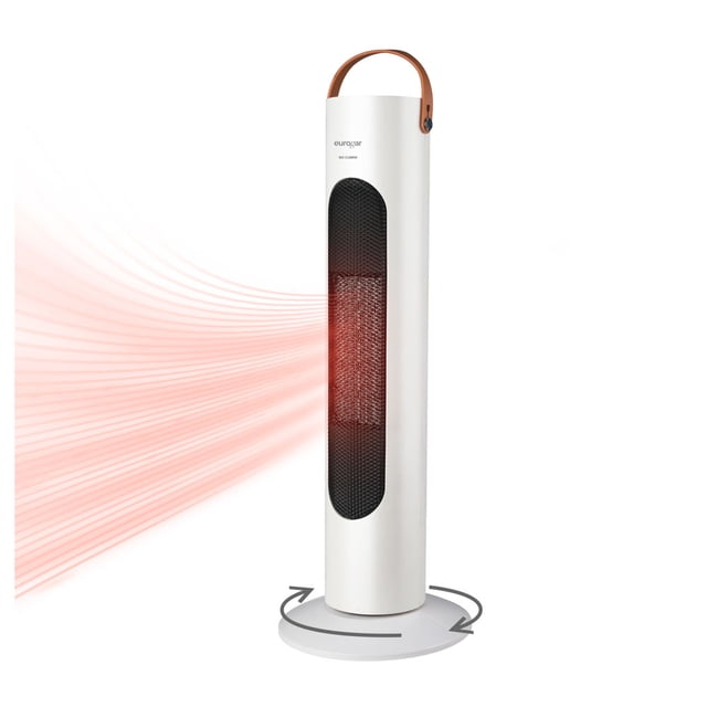 calentador calefactor torre eléctrico ptc cerámico eurogar eucal01 Blanco. Torre cilíndrica vista frontal con rejilla vertical negra y elemento calefactor visible, base circular con flechas que indica oscilación de 45°, asa marrón en la parte superior y control por perilla; 1500 W, fácil de transportar y suele usarse también para calentar espacios pequeños como oficinas en casa.