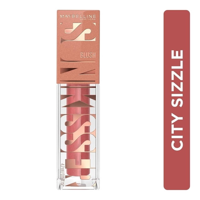 rubor iluminador líquido de mejillas maybelline sunkisser , blush tono 06 city sizzle, 4.7ml Tubo frontal centrado con tapa rosada metálica y cuerpo transparente; se muestra el líquido tono rosa‑coral City Sizzle y el nombre Sunkisser impreso verticalmente en el envase, acabado natural y radiante según especificaciones; formato 4.7 ml, a menudo usado para dar rubor coordinado y juvenil en rutina diaria.