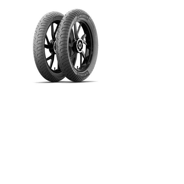 kit de llantas para moto michelin 2.75-18 48s y 100/90-18 62s city extra dos llantas Michelin City Extra en vista frontal, perfiles 2.75-18 y 100/90-18 montadas en rines negros, dibujo de la banda visible, uso sin cámara indicado, construcción optimizada contra pinchazos para mayor duración y agarre en mojado.