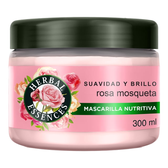 mascarilla capilar suavidad y brillo rosa mosqueta herbal essences 300 ml frasco frontal centrado, tarro plástico rosado con tapa verde oscuro y etiqueta rosa; logo Herbal Essences con ilustración de rosas, texto "Suavidad y Brillo rosa mosqueta" y banda verde "Mascarilla Nutritiva", volumen 300 ml legible; fondo blanco, producto aislado, apto como tratamiento capilar para brillo y suavidad.