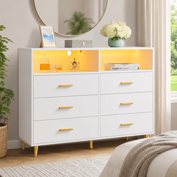 Zocalo Cómoda de 6 Cajones con Luz LED RGBW, Mueble de Almacenamiento con 2 Estantes Abiertos, Ideal para Dormitorio y TV de hasta 60", Blanco