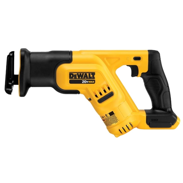sierra recíproca dewalt 20v max inalámbrica compacta dcs387b vista lateral centrada, solo herramienta sin batería; carcasa amarilla con empuñadura negra texturizada, zapato giratorio y abrazadera de hoja visible, logotipo DEWALT 20V MAX en el costado, ventilaciones y gatillo de velocidad variable detectables, diseño compacto para cortes en espacios reducidos; también suele usarse para trabajos rápidos de poda ligera o remodelaciones pequeñas.