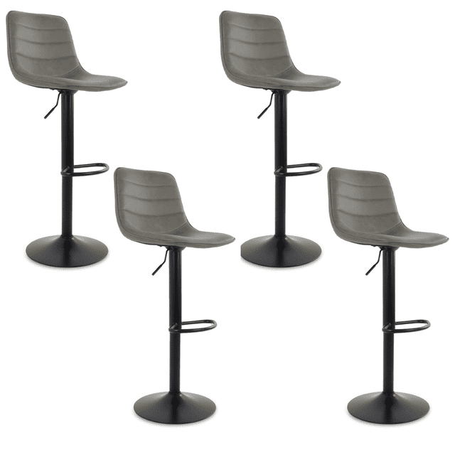 sillas altas para barra de cocina con altura ajustable banco desayunador elegante para decoración del hogar fabricado 100% poliéster y tejido transpirable set 4 sillas Set de 4 sillas altas para barra en gris con asiento y respaldo acolchado en cuero sintético, base pedestal negra giratoria 360°, pistón hidráulico con ajuste 84–105 cm y reposapiés fijo; estructura acero inoxidable, ancho 37 cm, ideal para cocina, barra o área de entretenimiento.