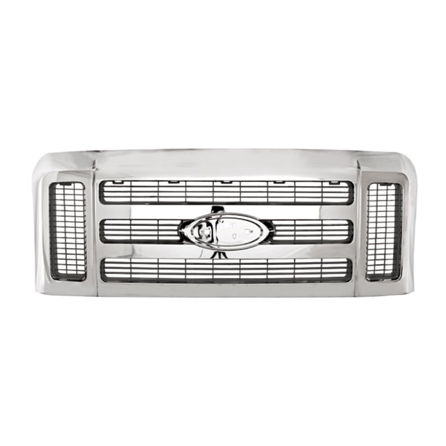 parrilla f-350 super duty 2008 a 2010 ford tong yang 1 pieza cromado parrilla frontal centrada para Ford F-350 2008–2010 con tres barras horizontales, paneles laterales de malla, marco rectangular y acabado cromado; número de parte 301236828452718, cantidad 1 pieza, marca Tong Yang. A menudo se usa como reemplazo directo en reparaciones de frente.