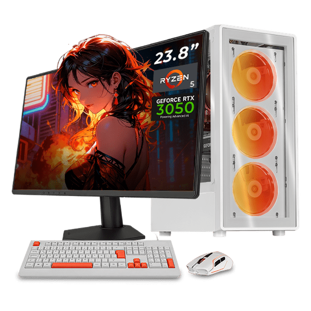 computadora gamer completa ia xtreme pc gaming nvidia geforce rtx 3050 amd ryzen 5 5500 16gb ssd 1tb monitor 23.8 144hz wifi white rendimiento inteligente con ia Set frontal blanco: torre con panel de vidrio y tres ventiladores RGB naranja, monitor 23.8" 144Hz mostrando arte de juego y etiquetas Ryzen 5/GeForce RTX 3050, teclado y mouse blancos con acentos naranjas; también adecuada para streaming ligero y multitarea.