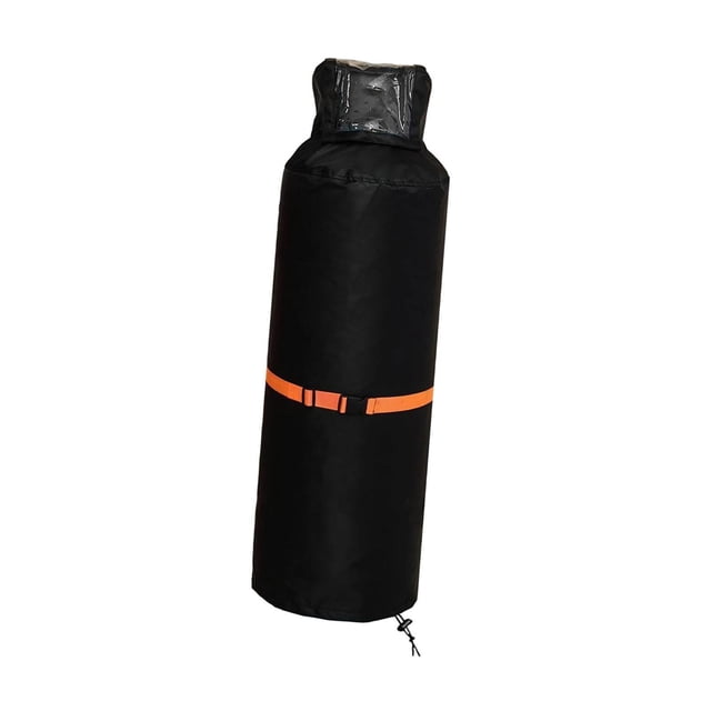 cubierta del tanque de gas, cubierta de la botella de gas, prácticos accesorios de utensilios de cocina, portátil con protección de hebilla ajustable cubierta negra cilíndrica para tanque de 100 con ventana transparente superior para ver el manómetro, material Oxford 600D, hebilla ajustable y correa naranja central, cordón ajustable en el dobladillo y cierres reutilizables en los lados; resistente a la intemperie y a prueba de polvo. Su tamaño es 124 cm x 40 cm (48,82 x 15,75 pulg.).