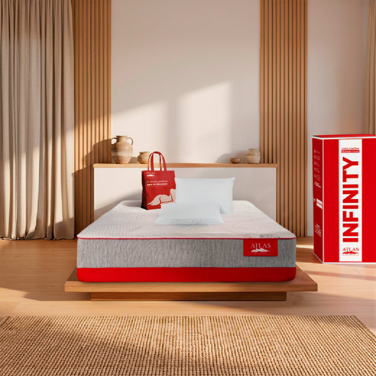 Colchón Atlas Infinity Queen Size 20 cm Firmeza Media en Caja + 2 Pack de Almohadas Atlas