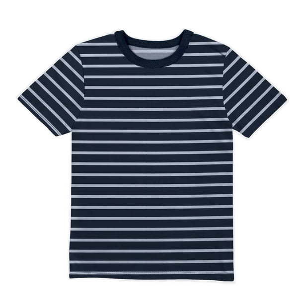 Playera Casual Manga Corta Simply Basic para Niño, Diseño Líneas Horizontales Azul Talla 14