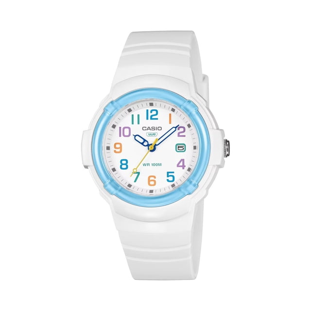 reloj casio lx-800h-7a2vcf classic-blanco Reloj Casio dama color blanco con caja circular de resina de 34 mm, bisel interior azul claro, carátula análoga blanca con números arábigos multicolores inspirados en la cultura pop, manecillas azules y segundero amarillo, ventana de fecha, correa de resina blanca y resistencia al agua 100 m (10 ATM).