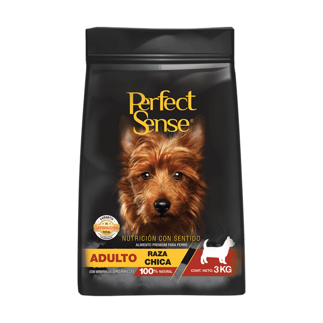 alimento para perro adulto raza pequeña 3 kg perfect sense ps1822 Bolsa negra frontal de 3 kg con foto de perro pequeño, etiqueta "Adulto" y "Raza Chica", icono de silueta y texto que indica 100% natural y minerales orgánicos; nutrición visible: proteína mín.26%, grasa mín.14%, fibra máx.4%, humedad máx.11%. Adecuado también para rellenar dispensadores de porción pequeña en viajes.