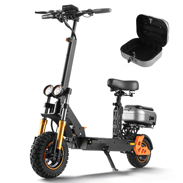 scooter eléctrico honey whale h3 negro Vista 3/4 frontal con asiento y manillar ajustables; chasis negro con horquilla dorada y suspensión delantera y trasera, neumático delantero todoterreno 11" y trasero 10", doble faro delantero circular, maleta trasera abierta tipo baúl, plataforma amplia y pata de apoyo. Autonomía hasta 60 km, velocidad máxima 55 km/h y capacidad máxima 120 kg; a menudo usado para desplazamientos urbanos y trayectos recreativos cortos.
