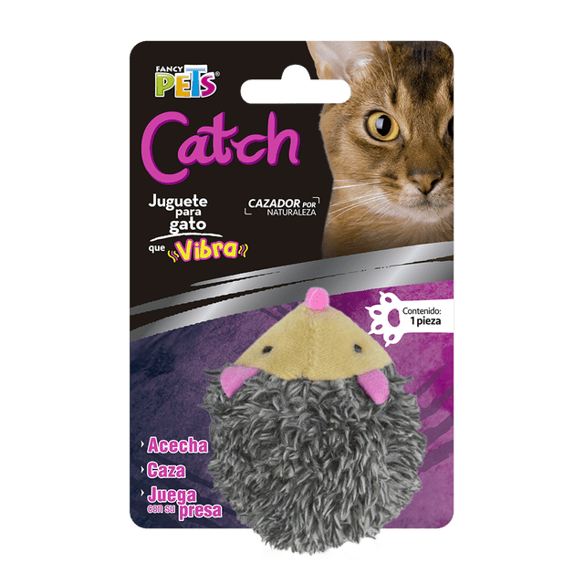 fancy pets juguete catch con forma de erizo que vibra para gato contiene 1 pieza fancy pets fl9431 Juguete para gato erizo multicolor con peluche gris rizado y cara beige con patas y nariz rosa; embalaje frontal con logo Catch y foto de un gato. Cuerda para activar vibración, tamaño de mano ideal para acechar y perseguir; a menudo usado para estimular el juego activo del gato.
