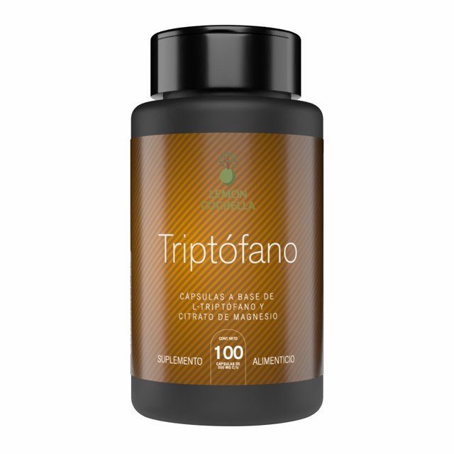 triptófano y citrato de magnesio 100 cápsulas Frasco negro, vista frontal centrada; etiqueta marrón con logo Lemon Cochella y texto blanco que indica "Triptófano" y "100 cápsulas"; suplemento en cápsulas a base de L-triptófano y citrato de magnesio, a menudo usado para ayudar a regular ciclos de sueño y, en algunos casos, controlar ansiedad y estrés, y apoyar el funcionamiento del sistema nervioso.