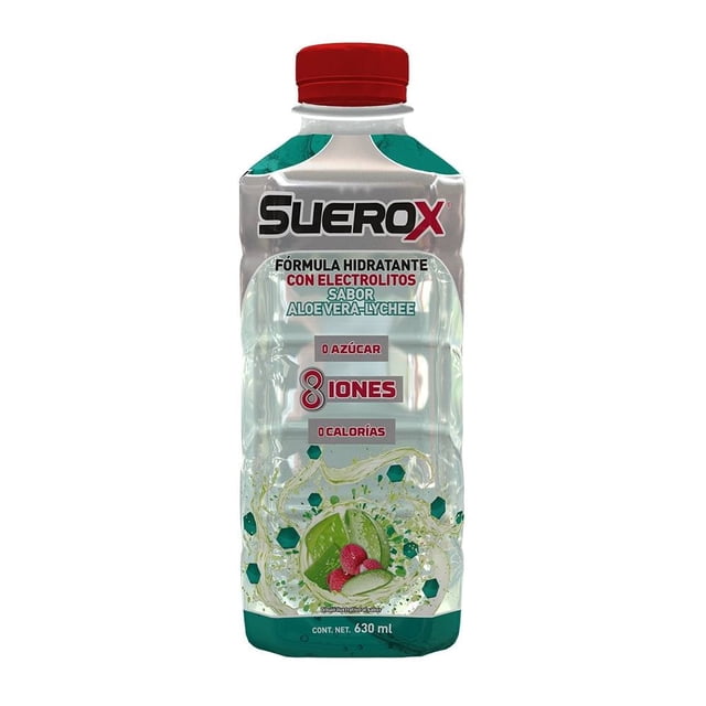 bebida hidratante suerox aloe vera y lychee 0 azúcar 630 ml botella frontal, marca Suerox visible, texto en etiqueta "fórmula hidratante con electrolitos" y "8 iones", líquido transparente, tapa roja y gráfico de aloe vera y lychee; suele utilizarse para rehidratación tras ejercicio ligero.