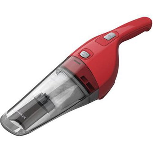 aspiradora de mano inalambrica black & decker hnv115j rojo, vista 3/4 frontal con boquilla a la izquierda; cuerpo curvado con botón en la empuñadura, recipiente de suciedad translúcido y filtro lavable visibles, batería recargable integrada, diseñada para limpiezas rápidas y suele usarse también para el interior del auto.