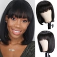 thumbnail image 2 of Peluca de Bob corto negra de 12 pulgadas, pelucas de cabello humano con flequillo, pelucas sin encaje frontal, peluca Bob hecha a máquina, pelucas de uso diario para fiesta y Cosplay, 2 of 4